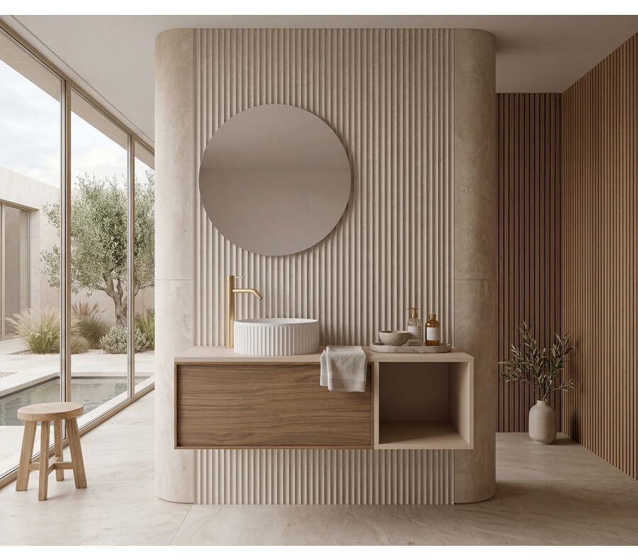 Pack MARENNE + lavabo estriado + espejo circular