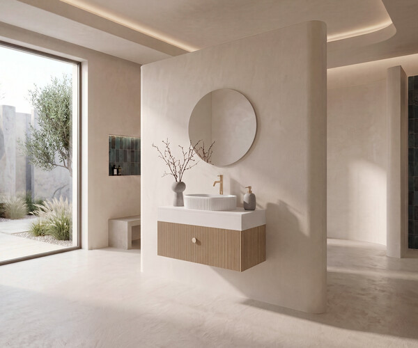 Pack AQUITAINE + lavabo estriado + espejo circular 2
