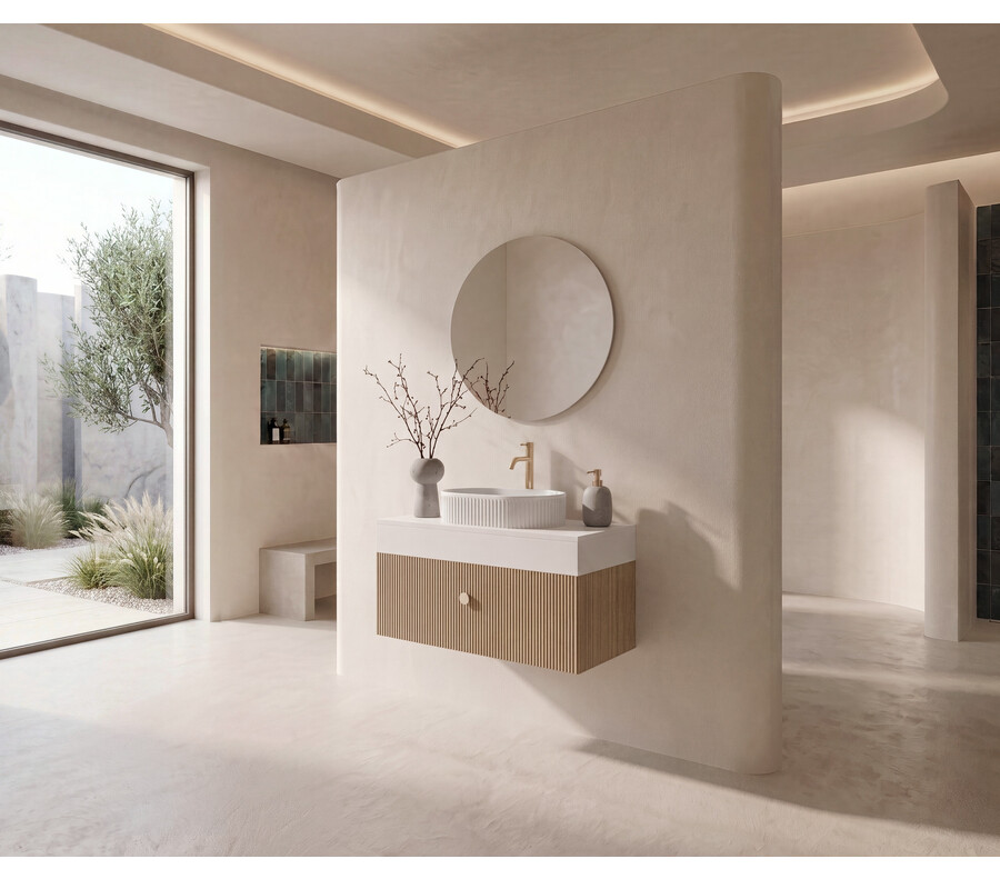 Pack AQUITAINE + lavabo estriado + espejo circular