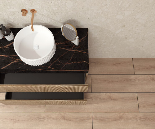 Pack LAUZERTE encimera Dekton + lavabo estriado + espejo alma