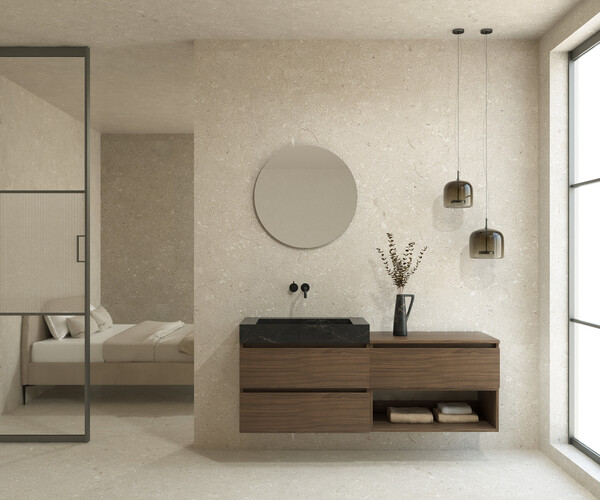 Pack BELCASTEL + lavabo Dekton + espejo circular 2